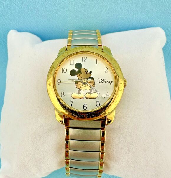 SII Marketing for Disney Accessories - Vintage Mickey Mouse Gold Silver Tone Stretch Band Wrist Watch Tested Works